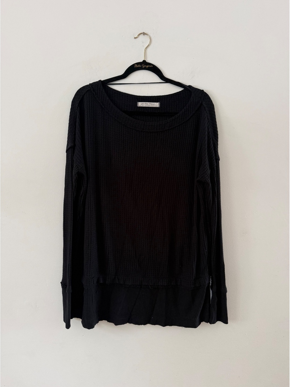 Free People We The Free Black Waffle Knit Thermal Scoop Neck Oversized XS